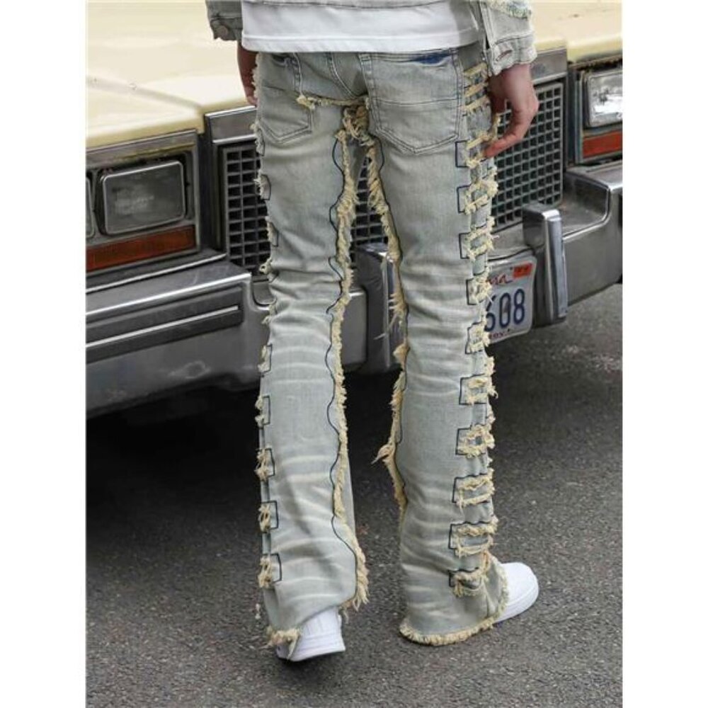 New w Tags Men's Ripped Bootcut Jeans Slim Fit Bell Bottom Ripped Flared Denim - Picture 5 of 7